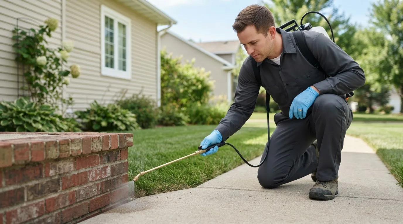 Pest control technician treating a home near Doss, TX