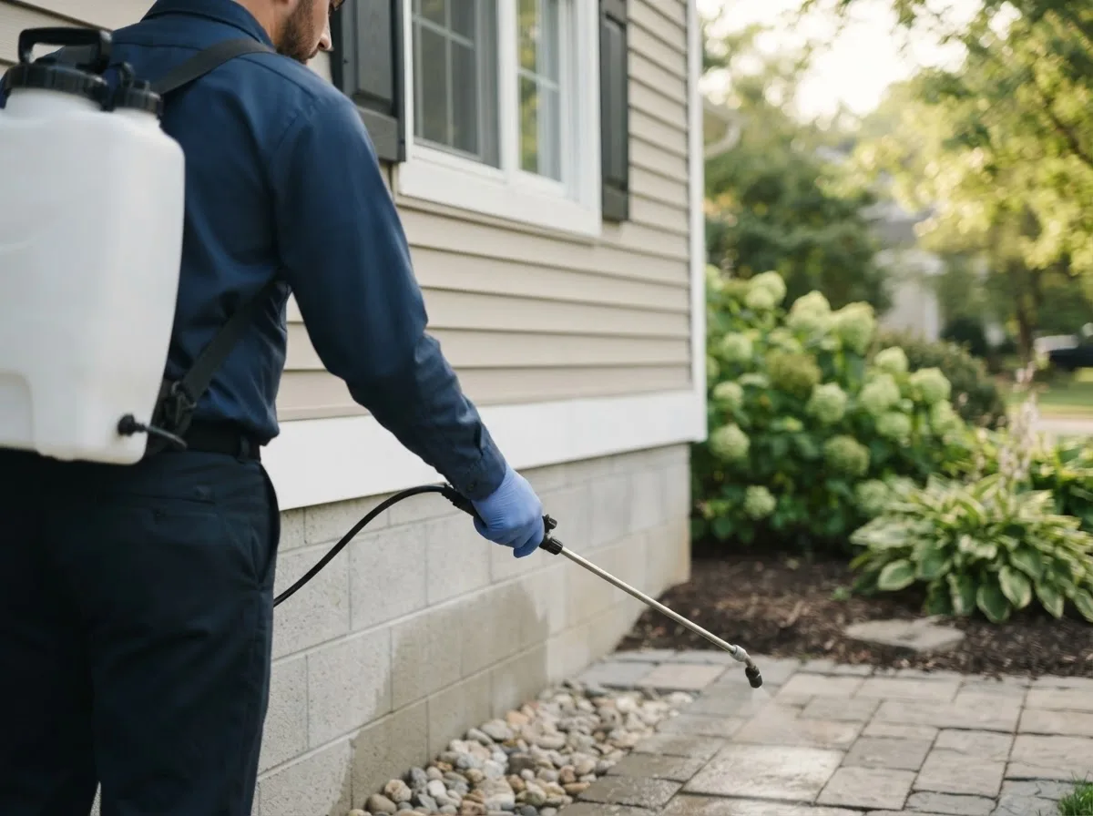 Pest control technician inspecting a home in Doss, TX
